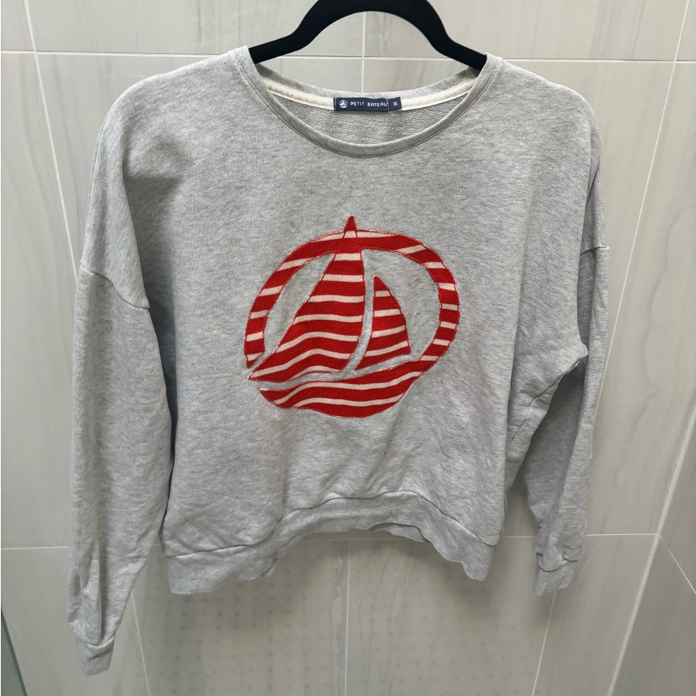 Petit Bateau Gray sweat-shirt with Orange Sailboat.